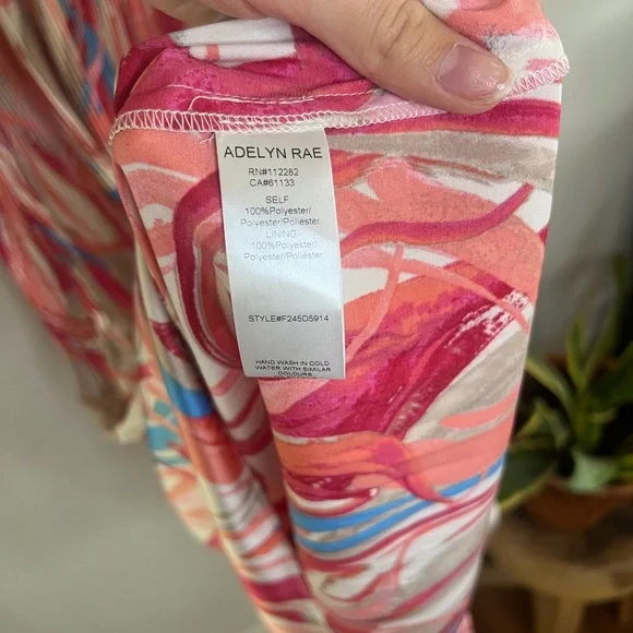 Adelyn Rae Pleated Midi Dress Pink Blue & Coral V-Neck Ruffled Layered Dress - Picture 3 of 5